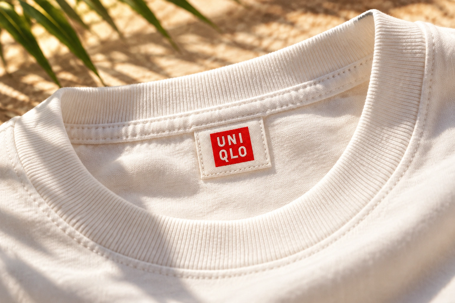 Крупный план бирки UNIQLO и фактуры белого хлопка